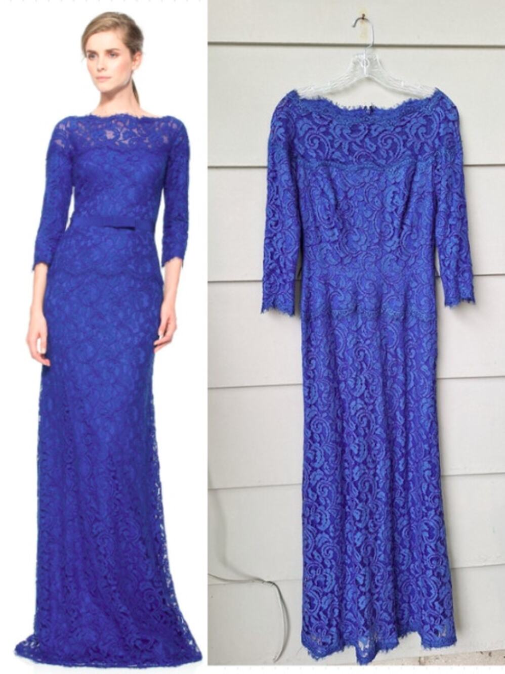 TADASHI SHOJI Floral Illusion Lace Royal Blue Maxi Gown Dress Missing Belt Sz. 4